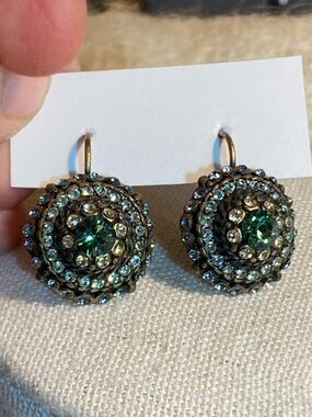Vintage Blue & Green Rhinestone Statement Earrings Round Cluster Drop 1.5cm